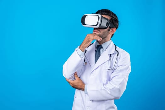 Caucasian doctor making decision and thinking about medical data. Professional doctor enter in metaverse and virtual reality world while wearing lab coat and VR glasses. Innovation concept. Deviation.