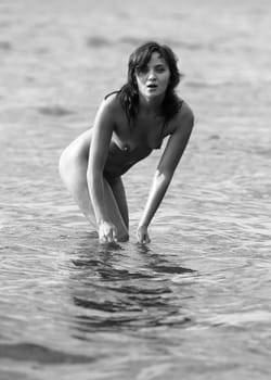 Young beautiful woman posing nude on the seaside enjoying the sea and nature