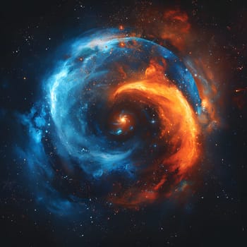 An electric blue and orange swirl in space representing a spiral galaxy with a black hole in the middle, showcasing the beauty of astronomical objects in our galaxy