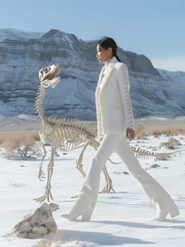 A woman in a white suit is walking in the snow next to a dinosaur skeleton, under a sky filled with fluffy clouds. The landscape is serene and the wind gently tugs at her sleeves