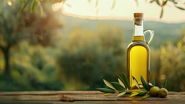 Olive oil bottle ad background with copyspace, vegetable oil commercial produce, food industry and retail concept