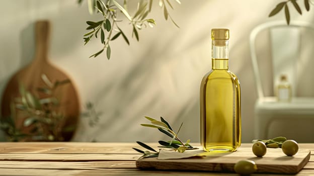 Olive oil bottle ad background with copyspace, vegetable oil commercial produce, food industry and retail concept