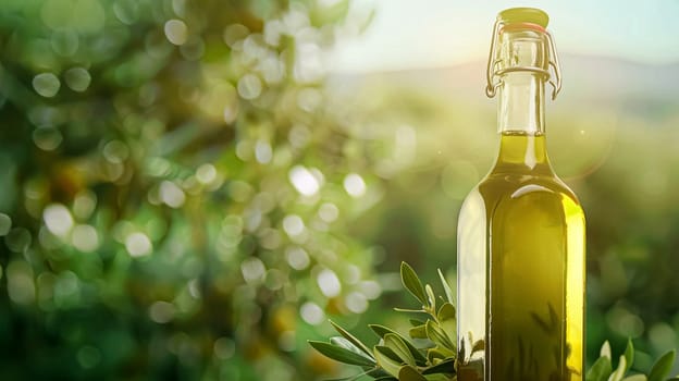 Olive oil bottle ad background with copyspace, vegetable oil commercial produce, food industry and retail concept