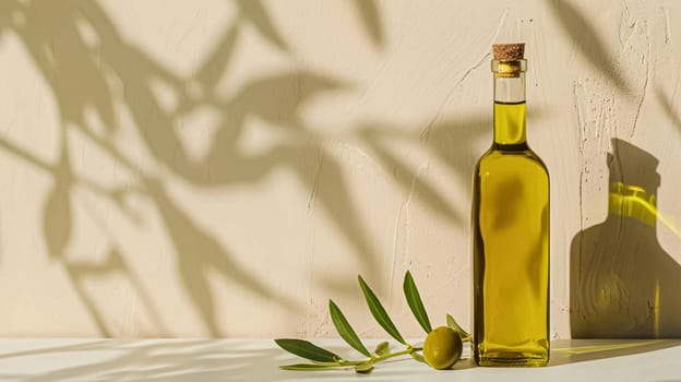 Olive oil bottle ad background with copyspace, vegetable oil commercial produce, food industry and retail concept