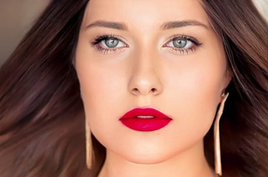 Beauty, makeup and hairstyle, face portrait of beautiful woman, red lipstick make-up and hair styling for skincare cosmetics, hair care, glamour style and fashion look idea