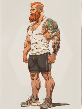 A cartoon drawing of a happy man with a beard and tattoos on his sleeve, thigh, and knee. He is wearing shorts and is making a gesture with his thumb. The character is a fictional art