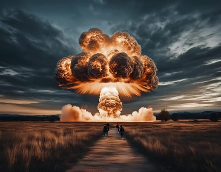 Nuclear explosion mushroom on planet Earth. Landscape of nuclear winter and apocalypse at the time of nuclear war