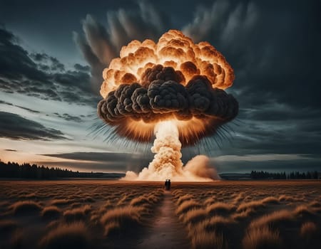 Nuclear explosion mushroom on planet Earth. Landscape of nuclear winter and apocalypse at the time of nuclear war