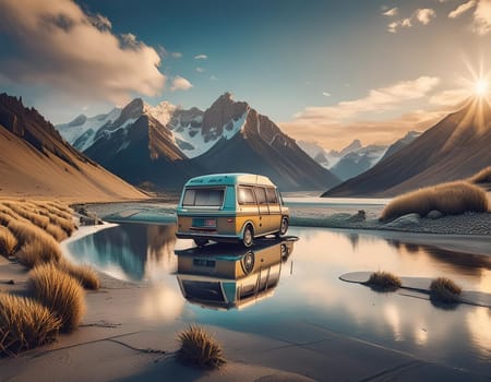 Minivan parking in a forest with campfire and tent, concept of camping, landing page template in illustration