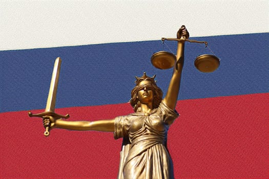 Scales of Justice, Lady Justice, Lady Justice in front of the Russian flag in the background.