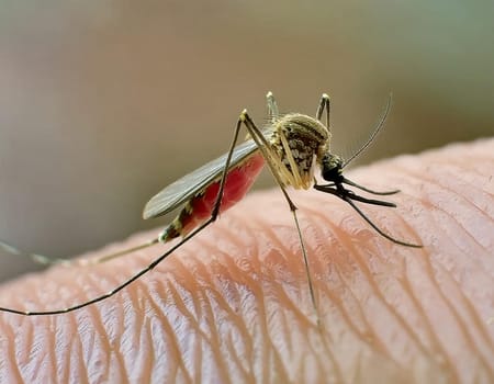 Dangerous malaria infected mosquito skin bite. Leishmaniasis, encephalitis, yellow fever, dengue fever, malaria disease, Mayaro or Zika virus, Culex infectious mosquito parasite, insect macro.