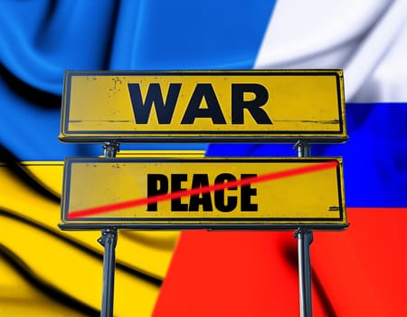German traffic sign with the German words for peace and war - War and Peace in front of the Ukrainian and Russian flags