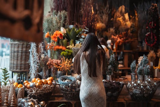 Aesthetic New Year's decorations creating a festive atmosphere at the store counter. High quality photo