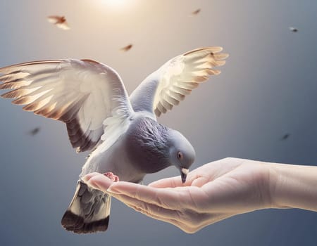 Woman Hand praying and free bird enjoying nature with sunset on background, hope concept