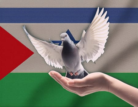 Israeli and Palestine flag with a peace dove - Peace for Palestine, no war Sky with peace dove in sun