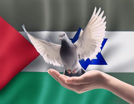 Israeli and Palestine flag with a peace dove - Peace for Palestine, no war Sky with peace dove in sun