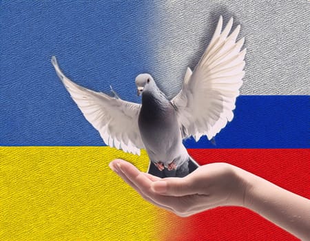 Ukrainian and Russia flags with a peace dove - peace for Ukraine, no war