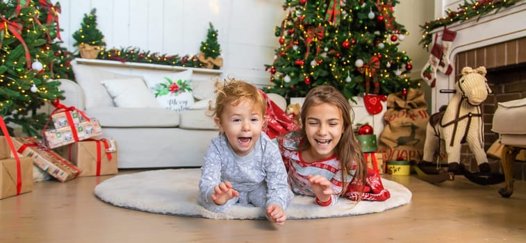 Children near the Christmas tree play with a blanket. Selective focus. Kid.