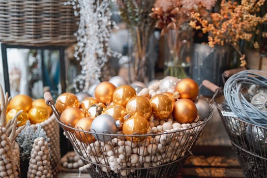 Eye-catching Christmas decorations showcased on the shop counter. High quality photo