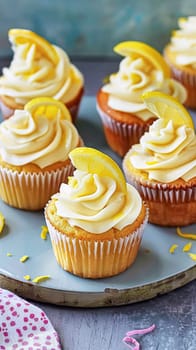 Homemade lemon cupcakes with buttercream frosting, baking recipe