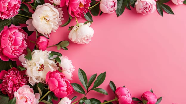 Mother's Day: Flowers composition. Frame made of peony flowers on pink background. Flat lay, top view, copy space