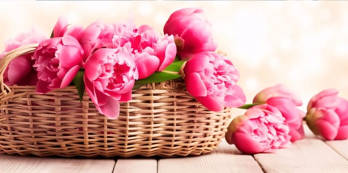 Mother's Day: Bouquet of pink tulips in a basket on a wooden background