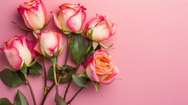 Mother's Day: Pink roses on pink background. Flat lay, top view, copy space