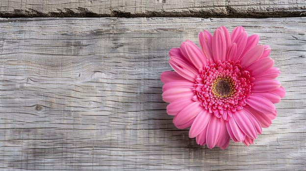 Mother's Day: Pink gerbera flower on old wooden background. Top view.