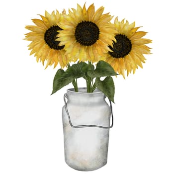 Sunflowers watercolor. A bouquet of flowers in a milk can. Vintage botanical drawing isolated on white background. Ideal for cards and party invitations. High quality illustration