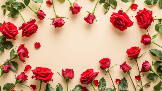 Mother's Day: Red roses on beige background, flat lay. Space for text