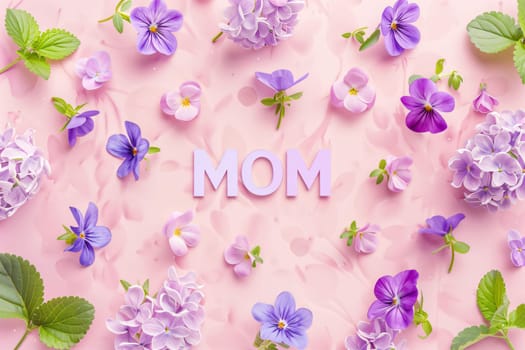 Mother's Day: Mother's Day greeting card with flowers on pink background. Flat lay, top view