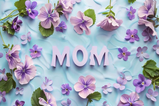 Mother's Day: Mother's Day Greeting Card with Purple Flowers on a Blue Background