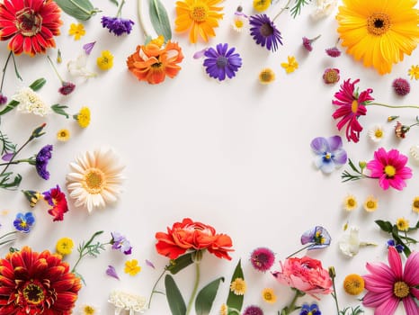 Mother's Day: Flowers composition. Frame made of colorful flowers on white background. Flat lay, top view, copy space