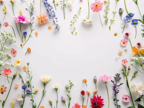 Mother's Day: Flowers composition. Frame made of wild flowers on white background. Flat lay, top view, copy space