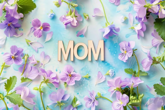 Mother's Day: Mother's Day greeting card with pansy flowers on blue background.