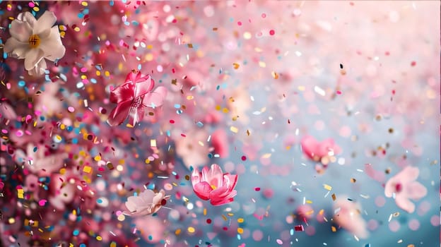 Mother's Day: Beautiful pink flowers and colorful confetti on bokeh background