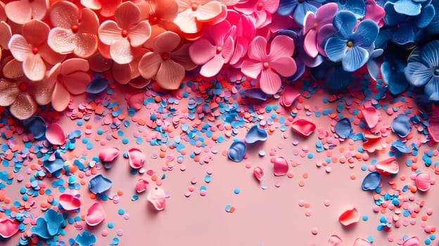 Mother's Day: Colorful confetti on pink background. Top view, copy space