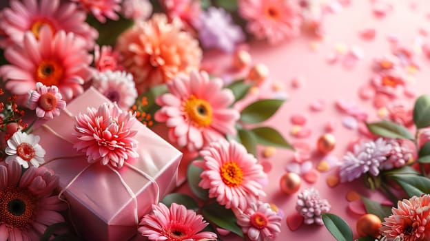 Mother's Day: Beautiful flowers with gift box on pink background, closeup. Space for text