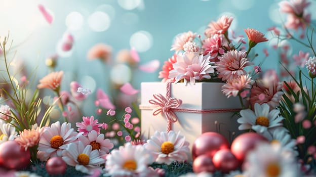 Mother's Day: Easter eggs and spring flowers. Easter background with copy space.