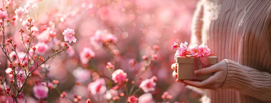 Mother's Day: Woman holding gift box with cherry blossom flowers on background, closeup