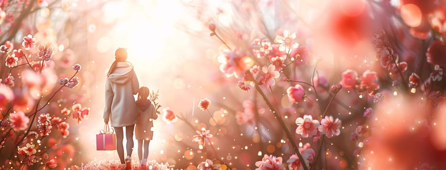 Mother's Day: Happy mother and daughter walking in spring blooming garden at sunset.