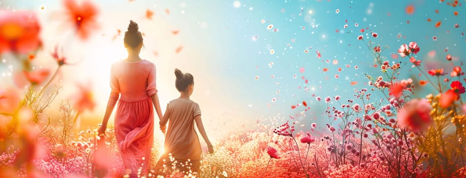 Mother's Day: Mother and daughter walking in the meadow of poppies.