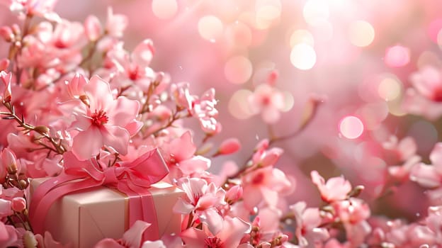 Mother's Day: Beautiful pink magnolia flowers with gift box on bokeh background