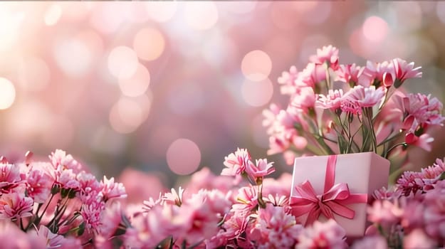 Mother's Day: Gift box with pink chrysanthemum flowers on bokeh background