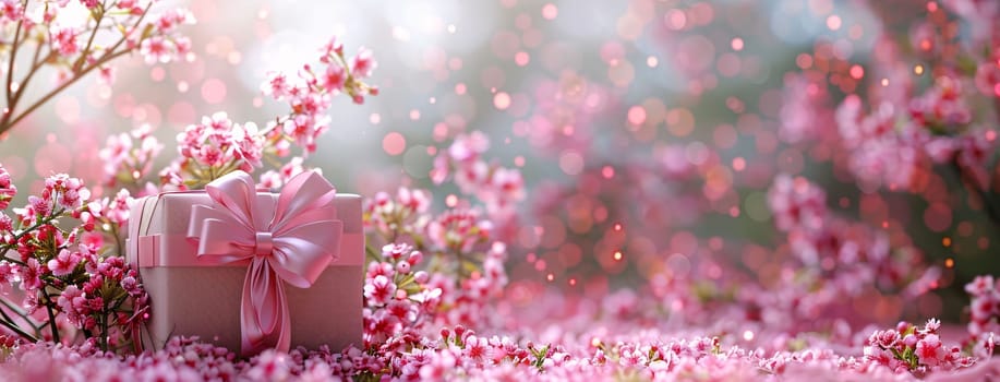 Mother's Day: Gift box with pink sakura flowers on bokeh background