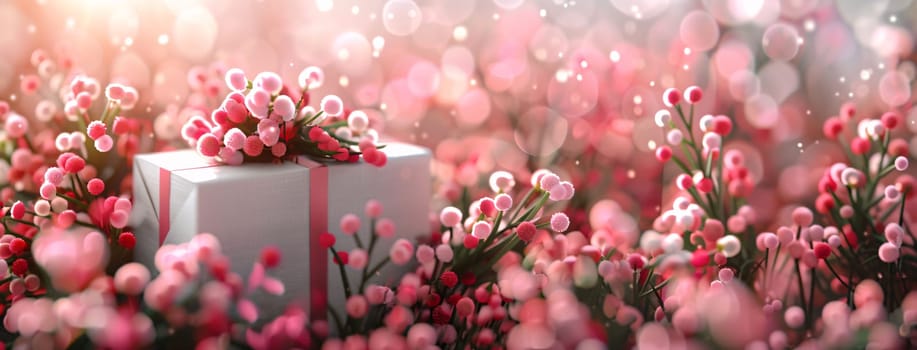 Mother's Day: Gift box with pink flowers on abstract bokeh background.