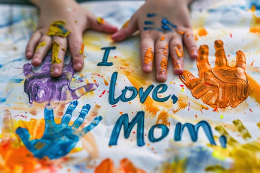 Mother's Day: Children's hands painted in bright colors with the words I love mom