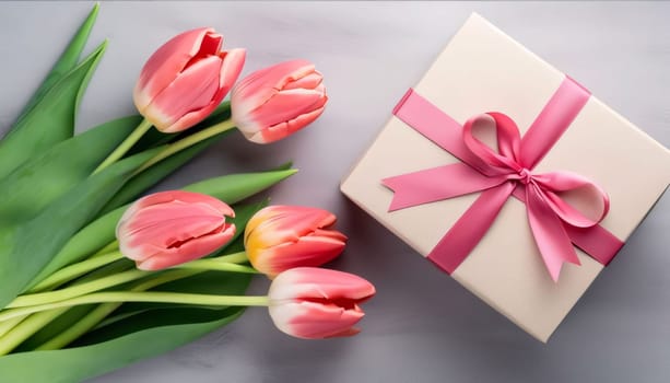 Mother's Day: Bouquet of tulips and gift box on a gray background