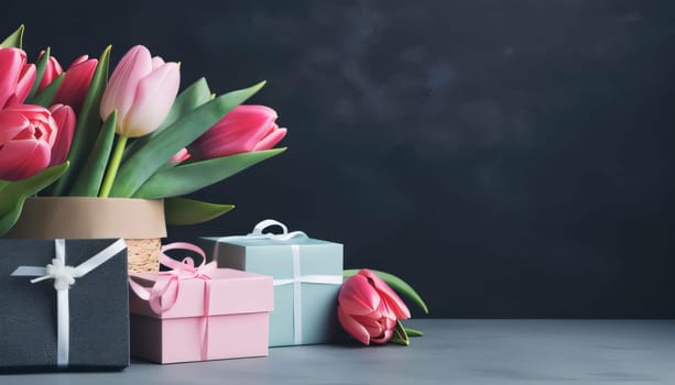 Mother's Day: Bouquet of pink tulips and gift boxes on black background