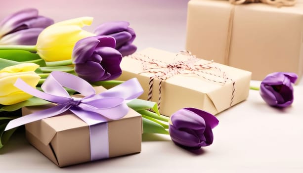 Mother's Day: Bouquet of tulips and gift boxes on a wooden background